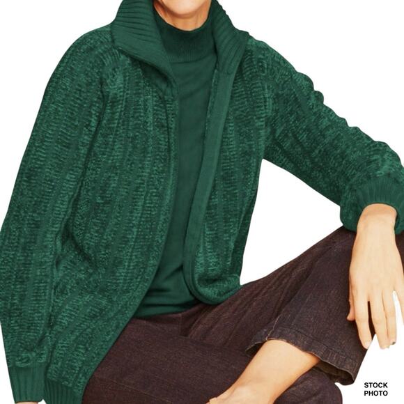 Draper’s & Damon’s Green Chenille Zip Cardigan Ribbed Trim Pockets Cottage Sz S - Picture 1 of 10